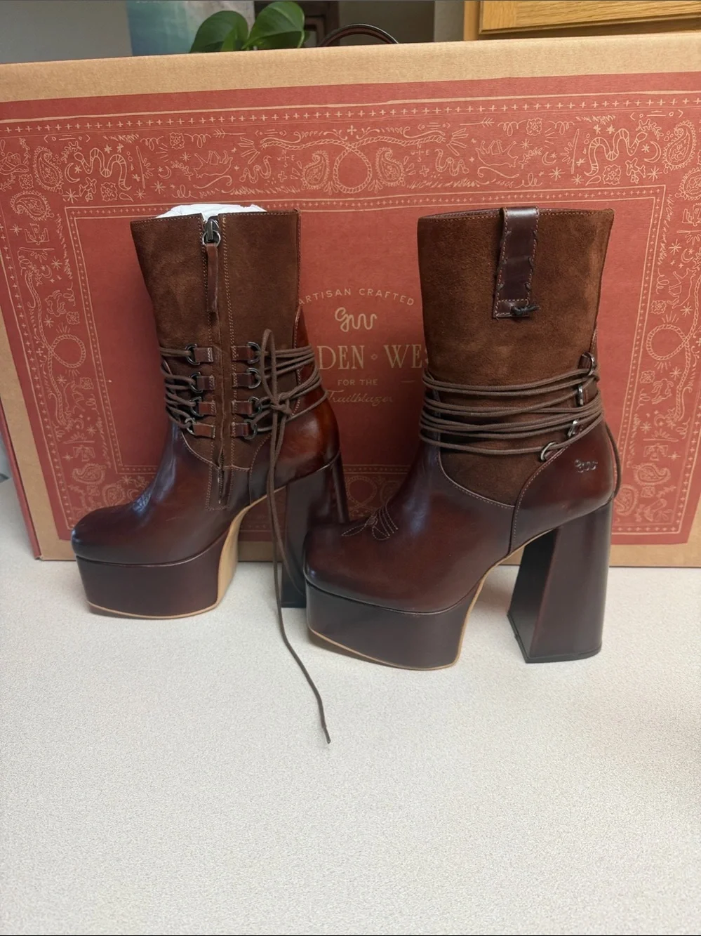 Chunky Brown Leather & Suede Platform Ankle Boots